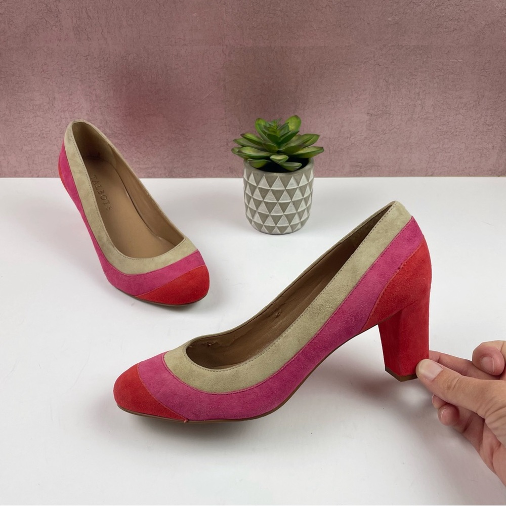 Talbots Pink Red Tan Chunky Heels Shoes Women 5.5 B Classic